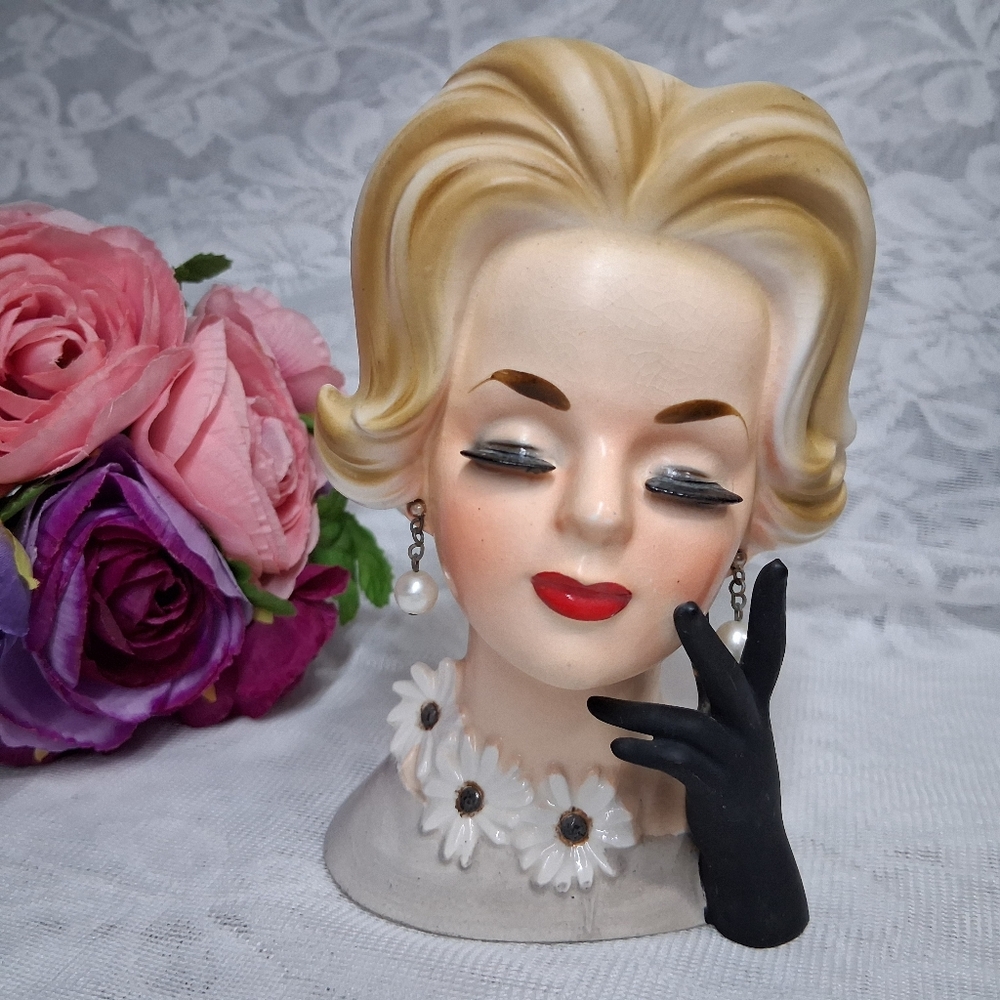 Vintage Lady Head Vase Napcoware Porcelain #C6428 Blonde Flip Black Glove Pearl